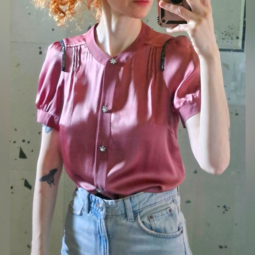 Maje Silk Satin Shirt with Puff Shoulders